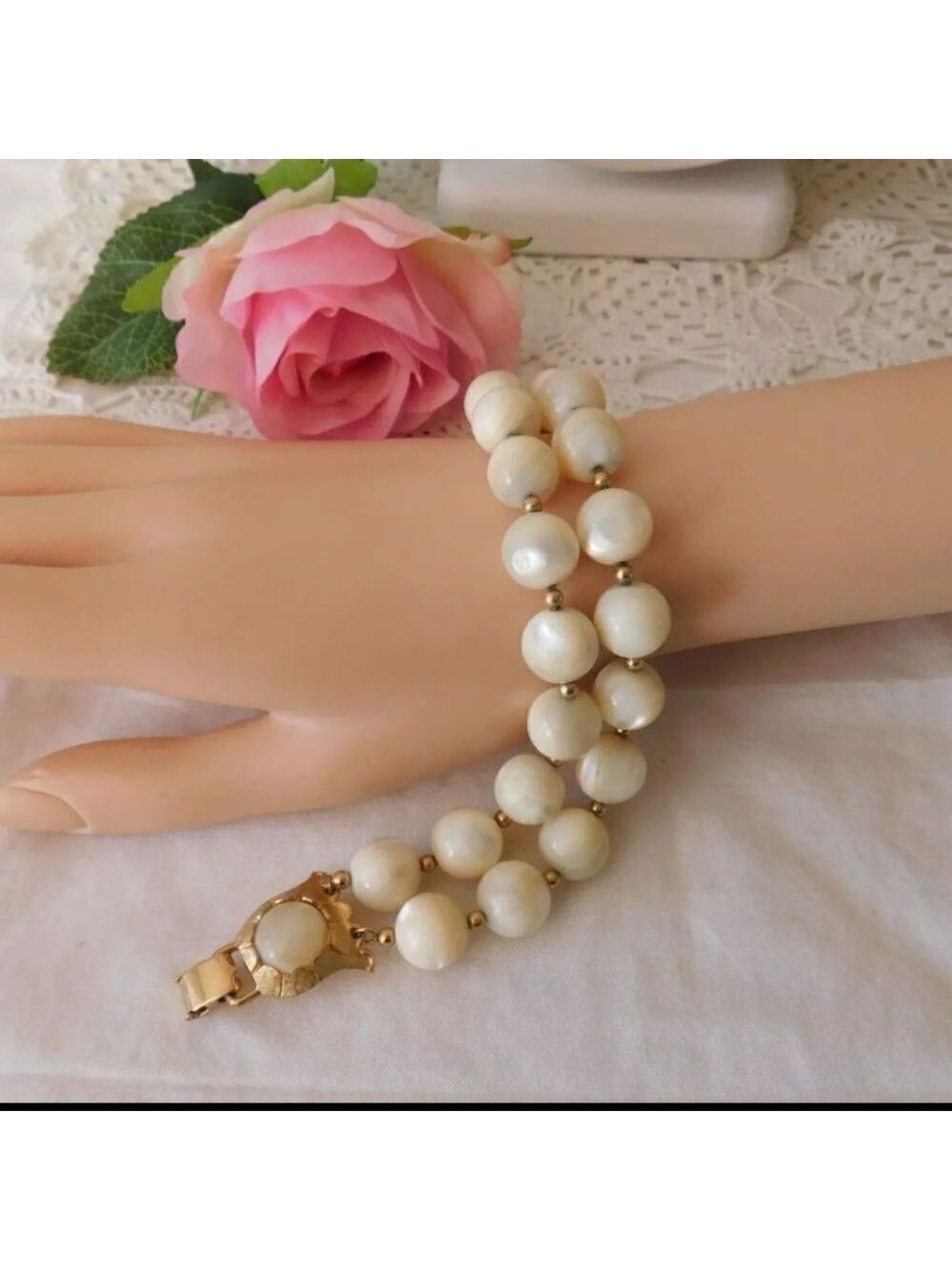 Napier Mother of Pearl Beaded Double Strand Vintage Bracelet - Picture 2 of 6